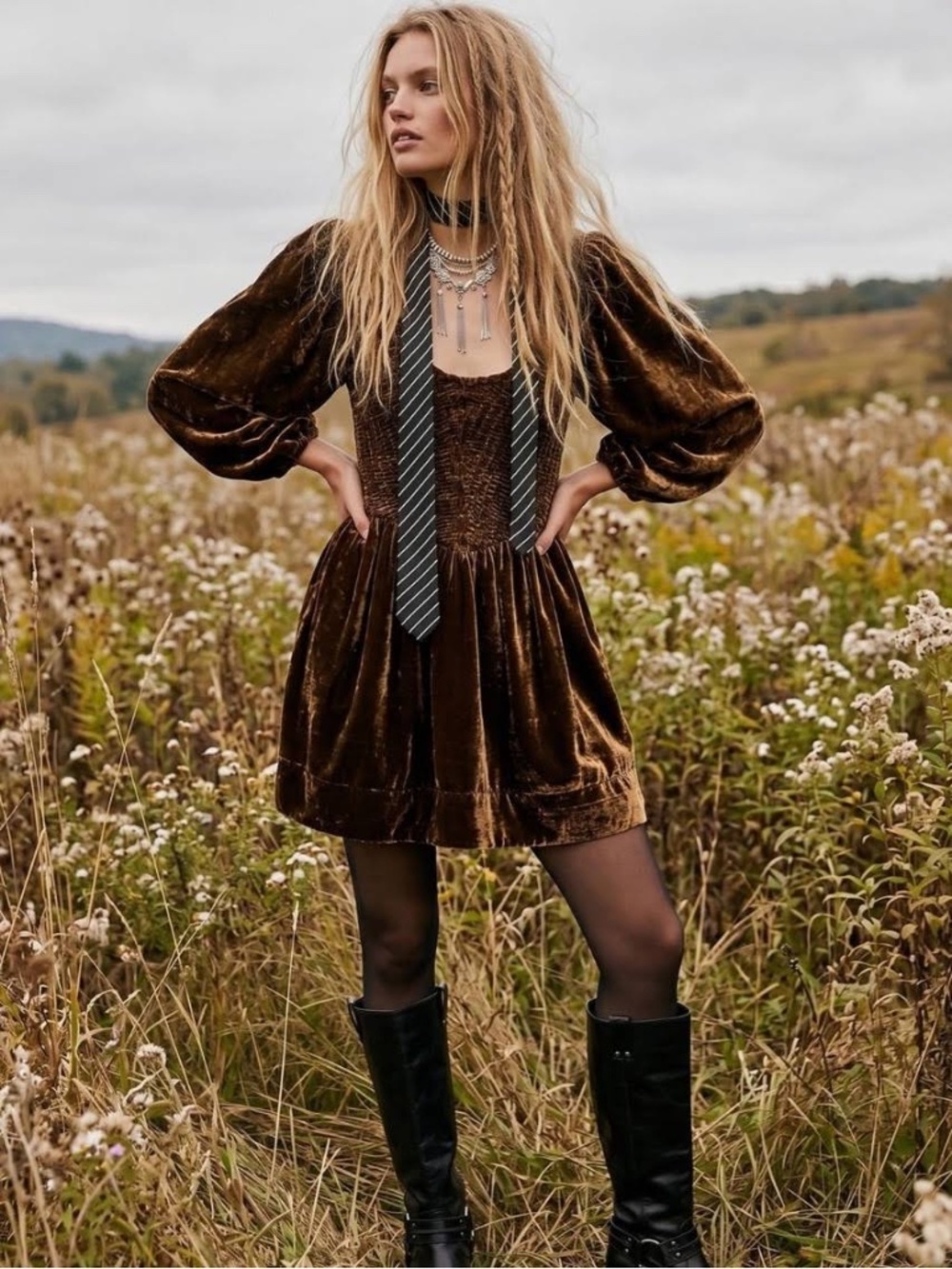 Free People Farrier Velvet Mini Dress Smocking Balloon Sleeve Sz M Boho Babydoll